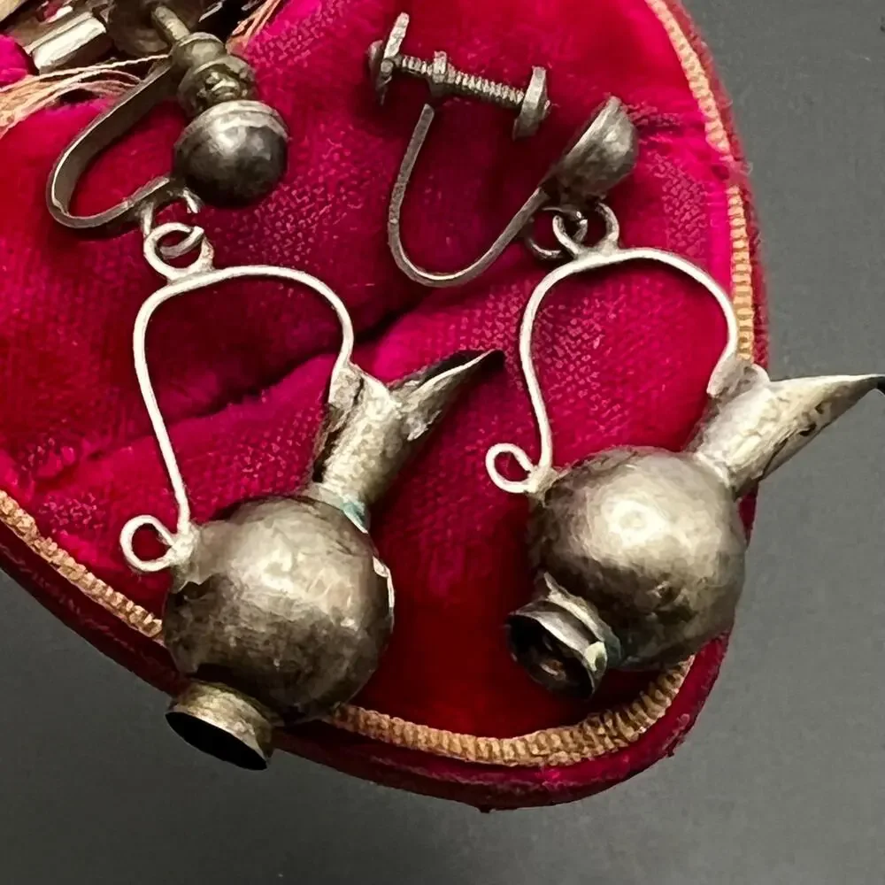 Vintage Mexican Mexico Sterling Silver Pitcher Dangle Screw- back Earrings